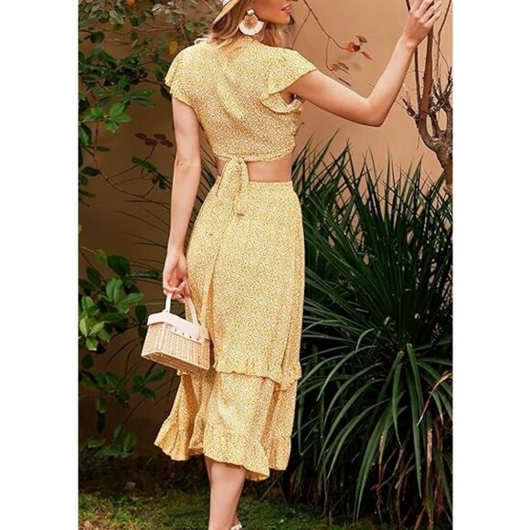 Yellow Floral Two-Piece Outfit With Crop Top & Ruffle Midi Skirt Summer Style Si - Picture 3 of 4